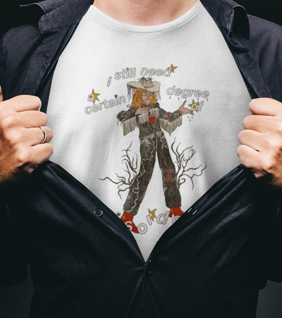 Cowboy Hayley I Still Need A Certain Degree Of Disorder Star Motif Western Outfit White Cowboy Hat Fringe Red Boots T-Shirt