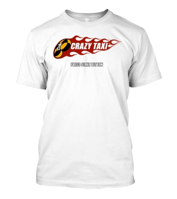 Crazy Taxi Press Start Button Iconic Video Game Flames Graphic T-Shirt