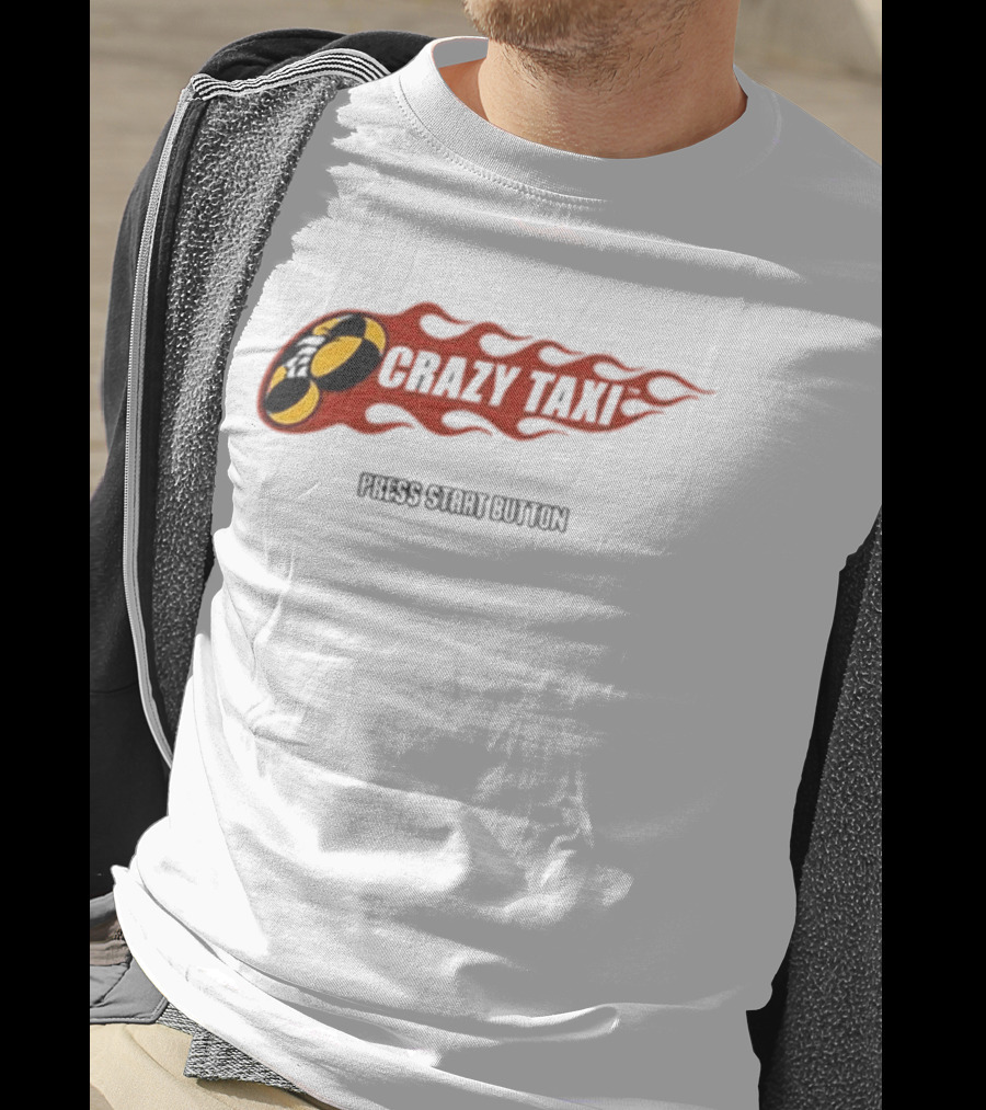 Crazy Taxi Press Start Button Iconic Video Game Flames Graphic T-Shirt