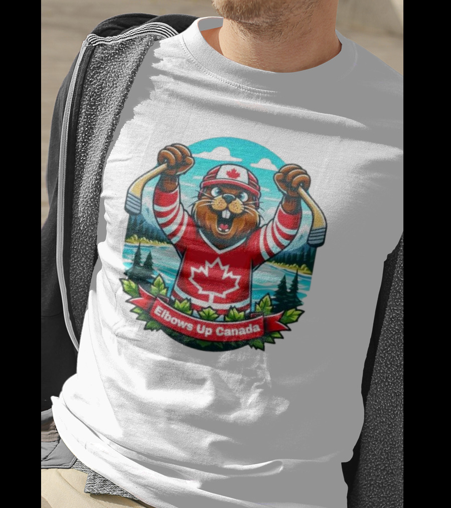 Elbows Up Canada Beaver Mascot Hockey Celebration Canadian Maple Leaf Forest T-Shirt