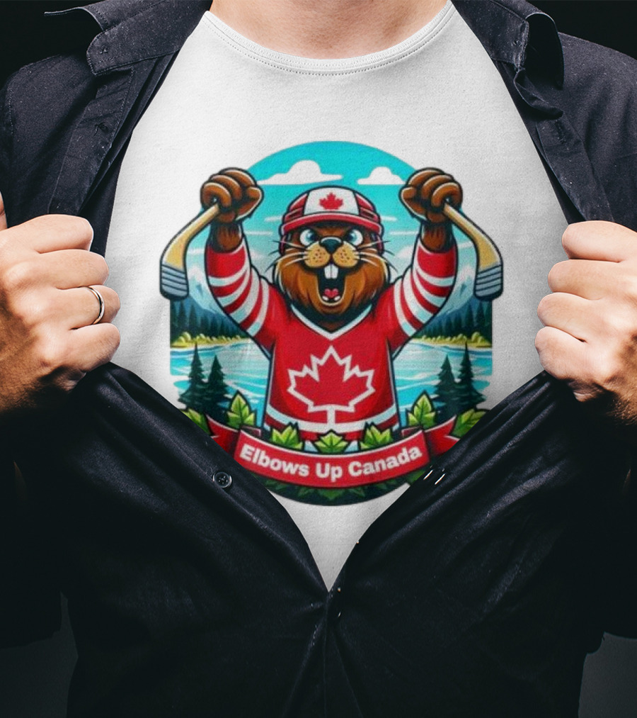 Elbows Up Canada Beaver Mascot Hockey Celebration Canadian Maple Leaf Forest T-Shirt