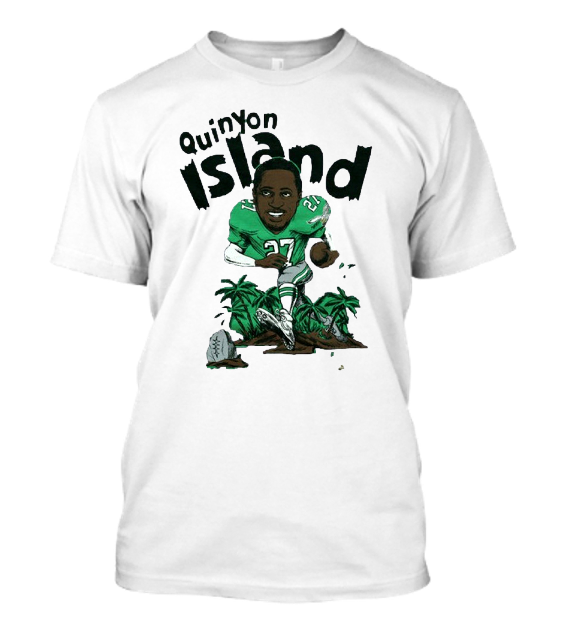Quinyon Island Eagle 27 Football Player Running With Palm Trees And Rocks T-Shirt