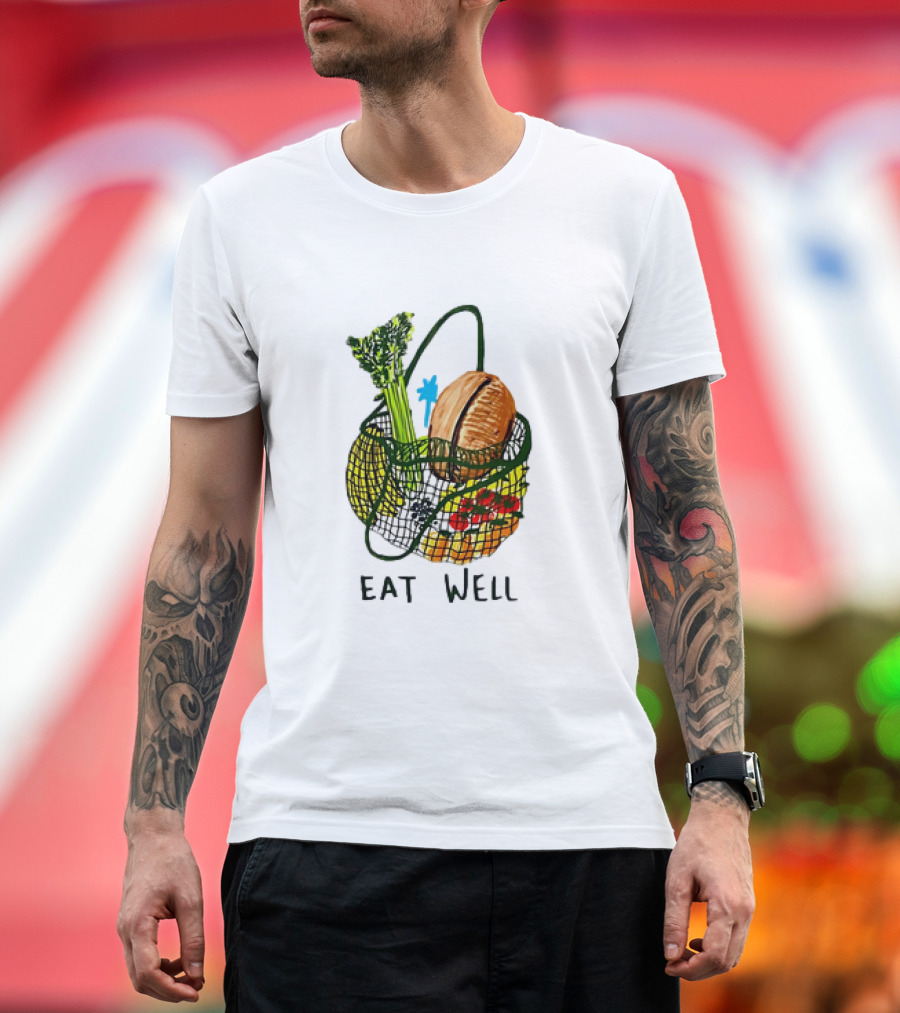 Eat Well Groceries in Mesh Bag with Baguette Broccoli Tomato T-Shirt