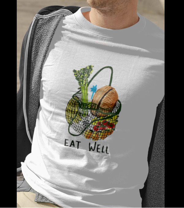 Eat Well Groceries In Mesh Bag With Baguette Broccoli Tomato T-Shirt
