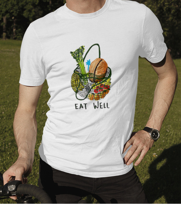 Eat Well Groceries In Mesh Bag With Baguette Broccoli Tomato T-Shirt