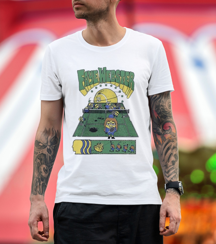 Faye Webster Brain Dead Tennis Court Scene with Yellow Characters and Sports Imagery T-Shirt