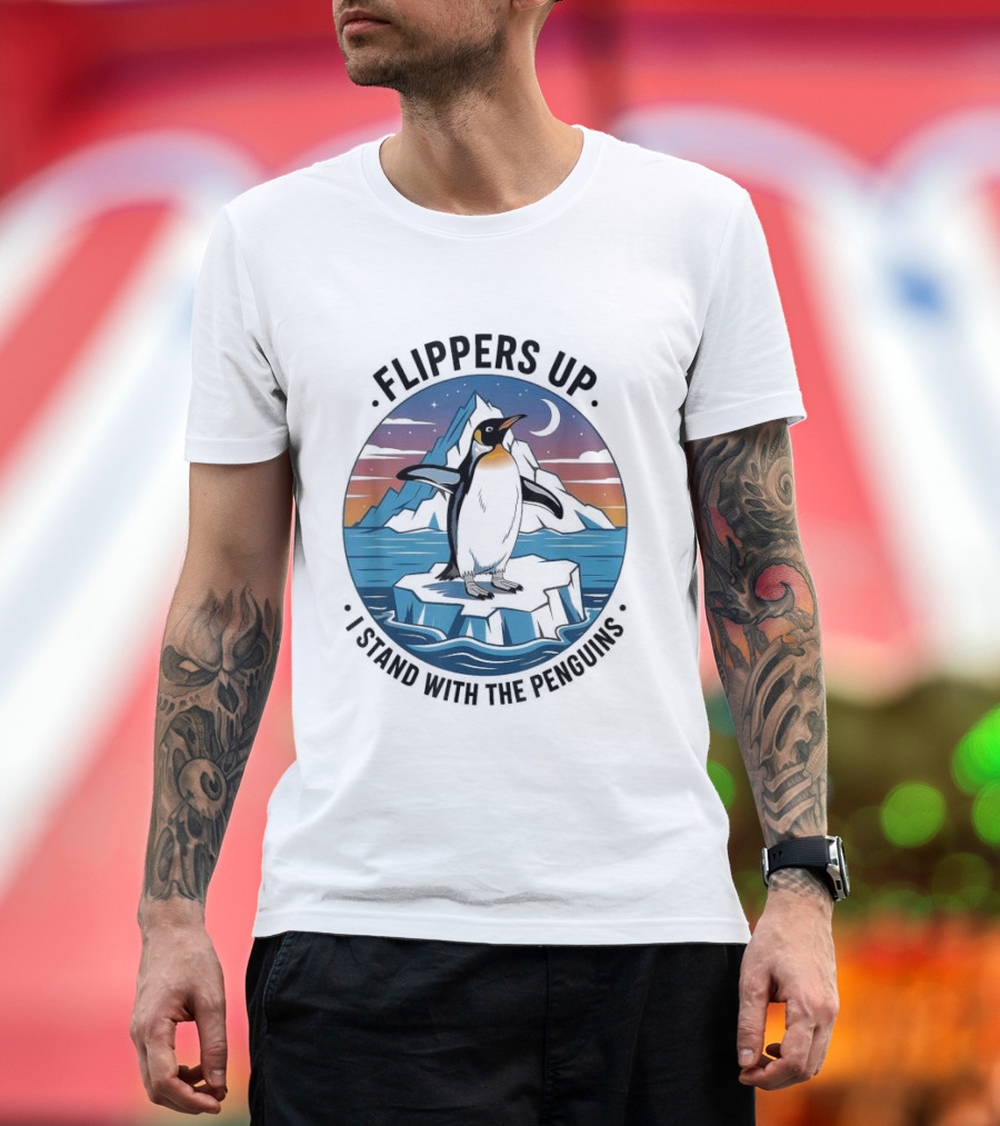 Flippers Up I Stand with the Penguins Iceberg Sunset Scene T-Shirt