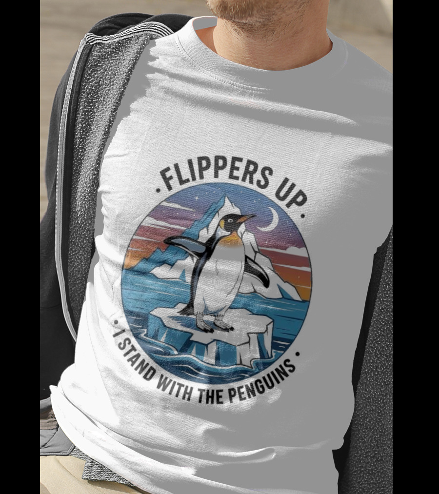 Flippers Up I Stand With The Penguins Iceberg Sunset Scene T-Shirt
