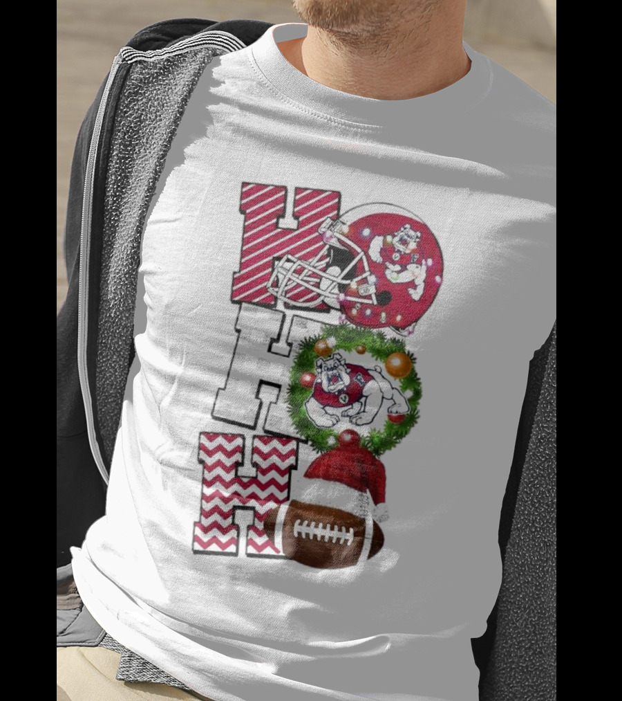Fresno State Bulldogs Football Christmas Helmet Wreath Santa Hat Rugby T-Shirt