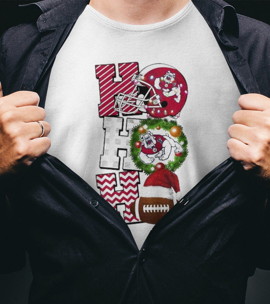 Fresno State Bulldogs Football Christmas Helmet Wreath Santa Hat Rugby T-Shirt
