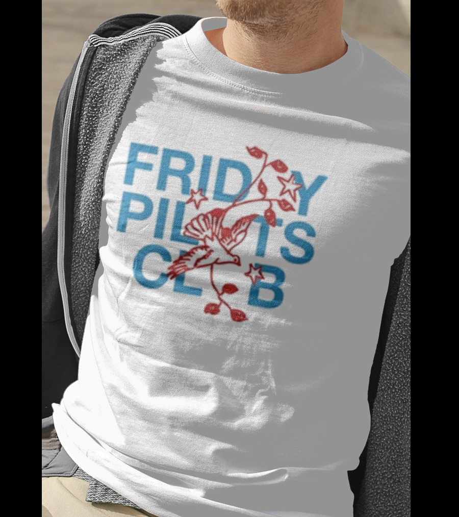 Friday Pilots Club Dove Red Bird Flowers Blue Text T-Shirt