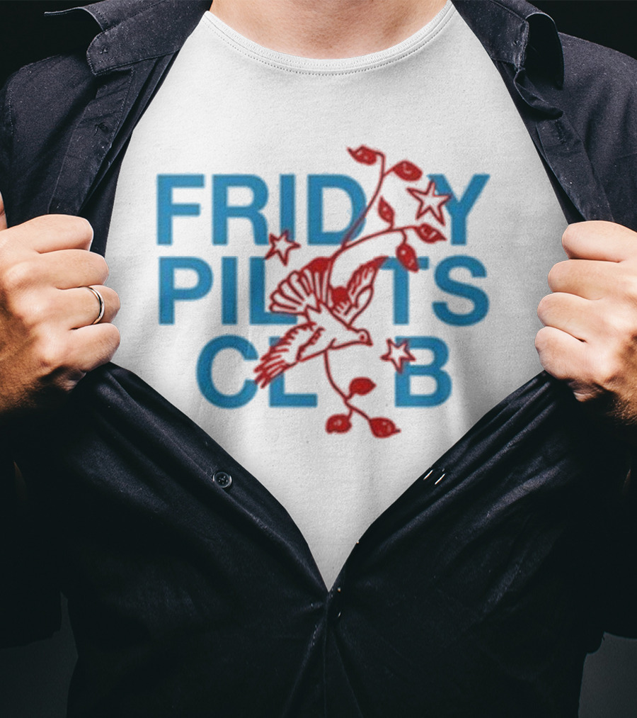 Friday Pilots Club Dove Red Bird Flowers Blue Text T-Shirt