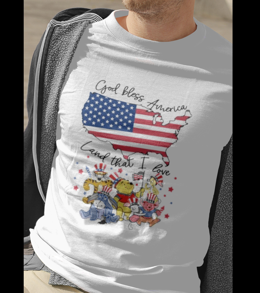 God Bless America Land That I Love Winnie The Pooh USA Flag T-Shirt