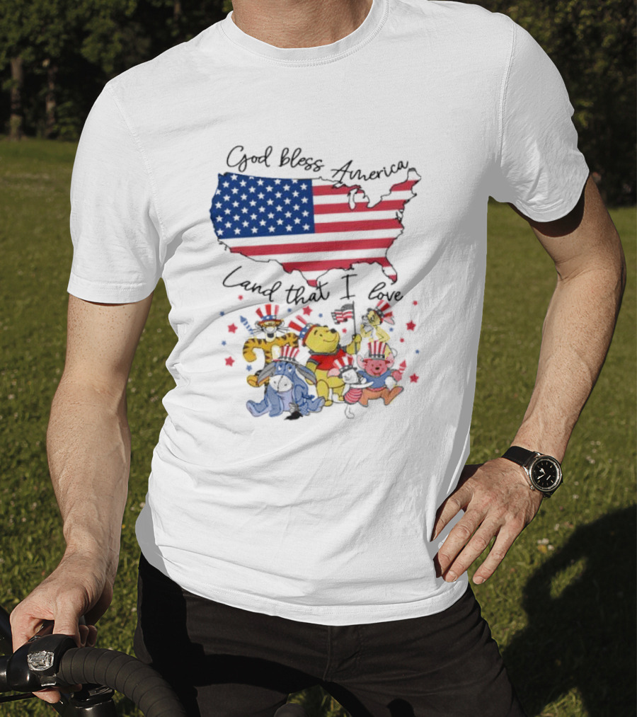 God Bless America Land That I Love Winnie The Pooh USA Flag T-Shirt