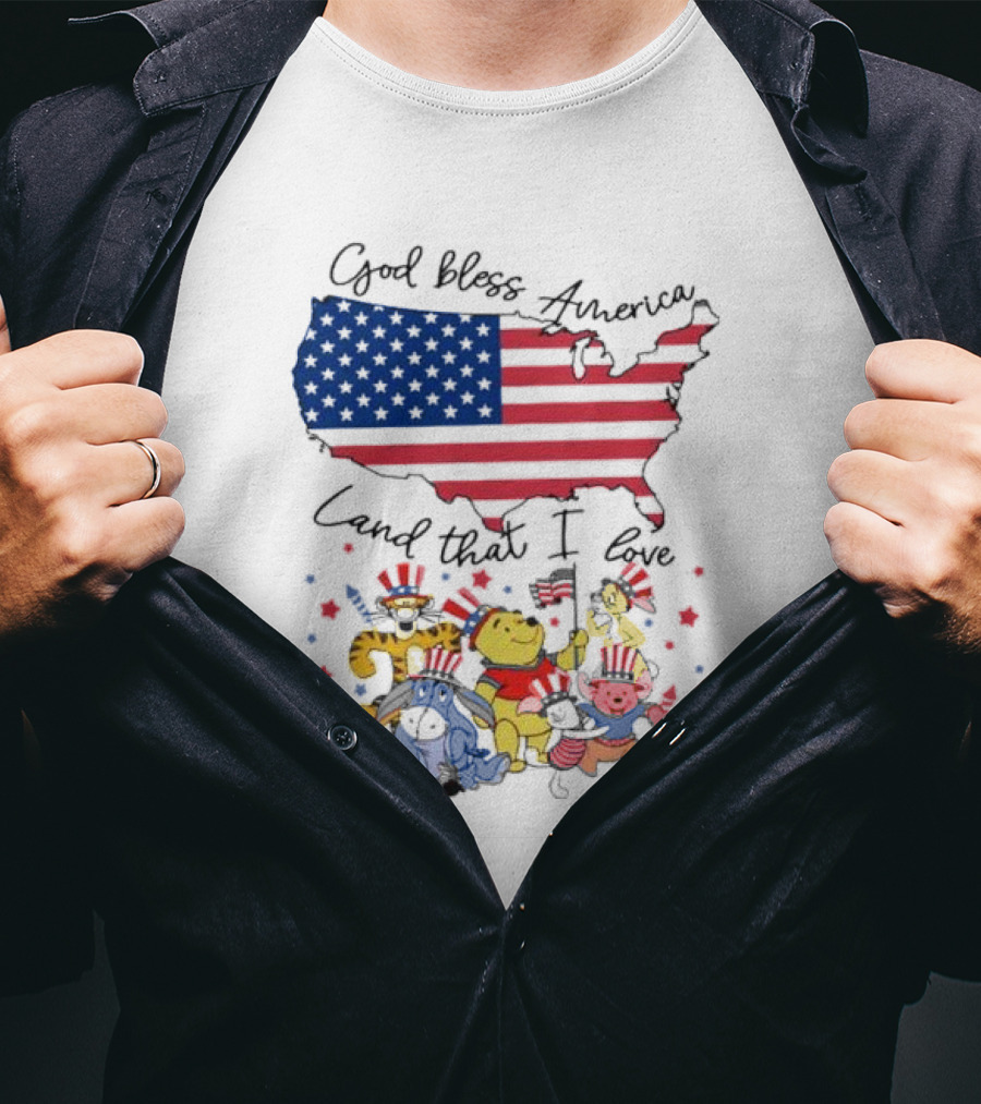 God Bless America Land That I Love Winnie The Pooh USA Flag T-Shirt