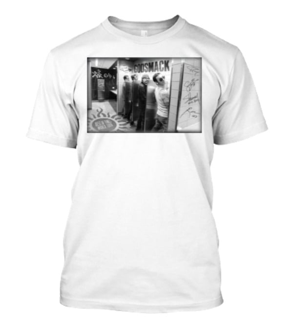 Godsmack Band Autographed Bathroom Photo With Guitar And Sun Symbol T-Shirt