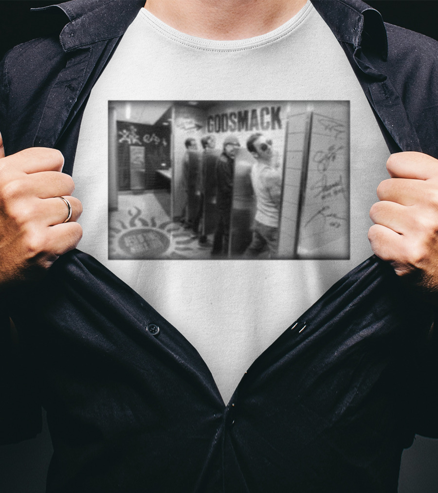 Godsmack Band Autographed Bathroom Photo With Guitar And Sun Symbol T-Shirt
