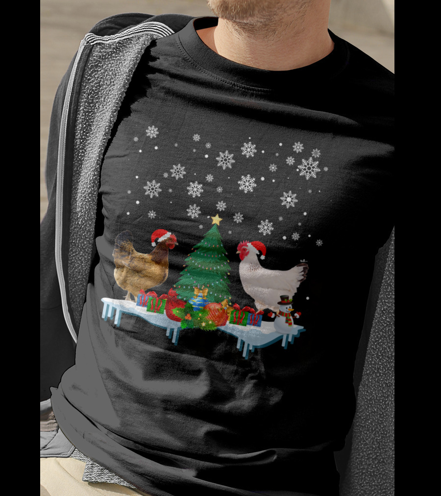 Chicken Merry Christmas Snowflake Festive Scene T-Shirt