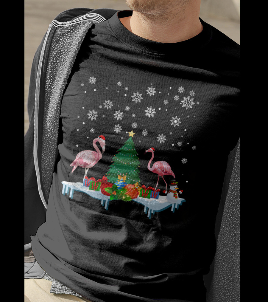 Flamingo Merry Snowflakes Christmas Tree And Santa Hat T-Shirt