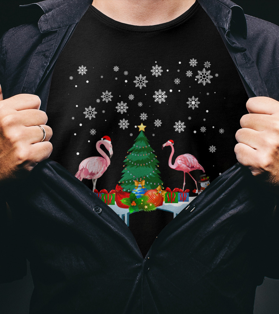 Flamingo Merry Snowflakes Christmas Tree And Santa Hat T-Shirt