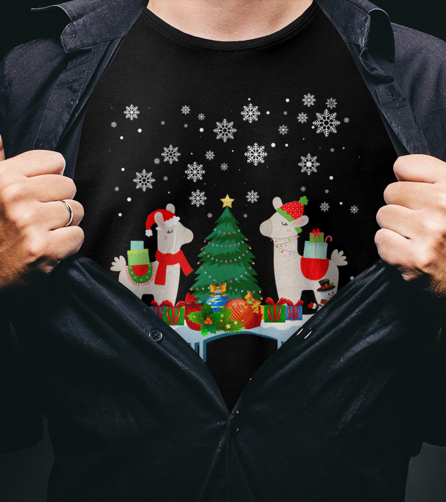 Llamas Merry Christmas Snowflakes Presents Tree T-Shirt