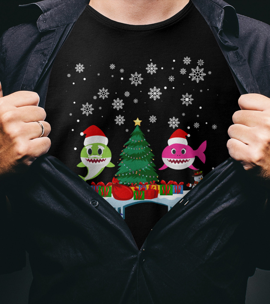 Baby Shark Merry Christmas Tree Snowflakes Santa Hats Gifts T-Shirt