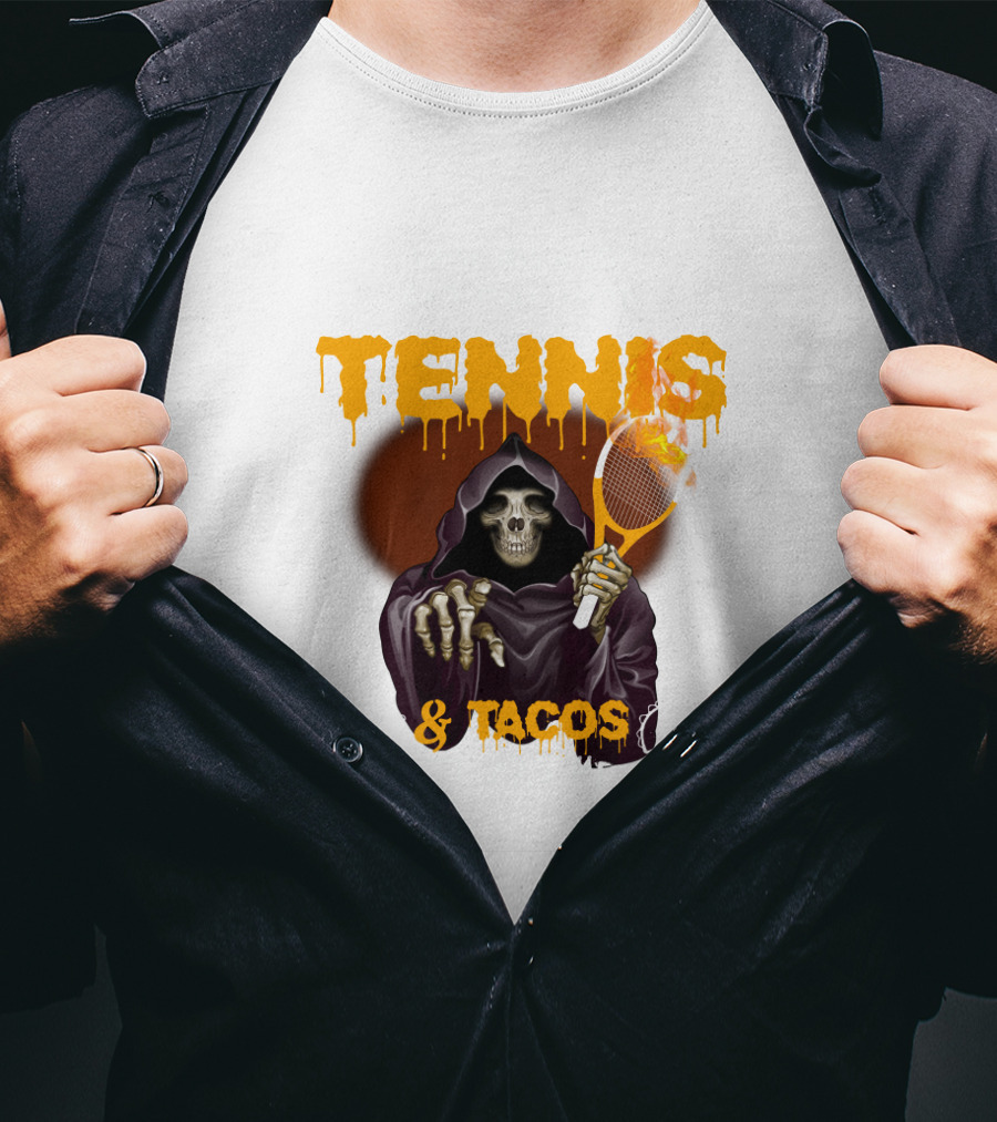 Tennis And Tacos Grim Reaper With Tennis Racket T-Shirt