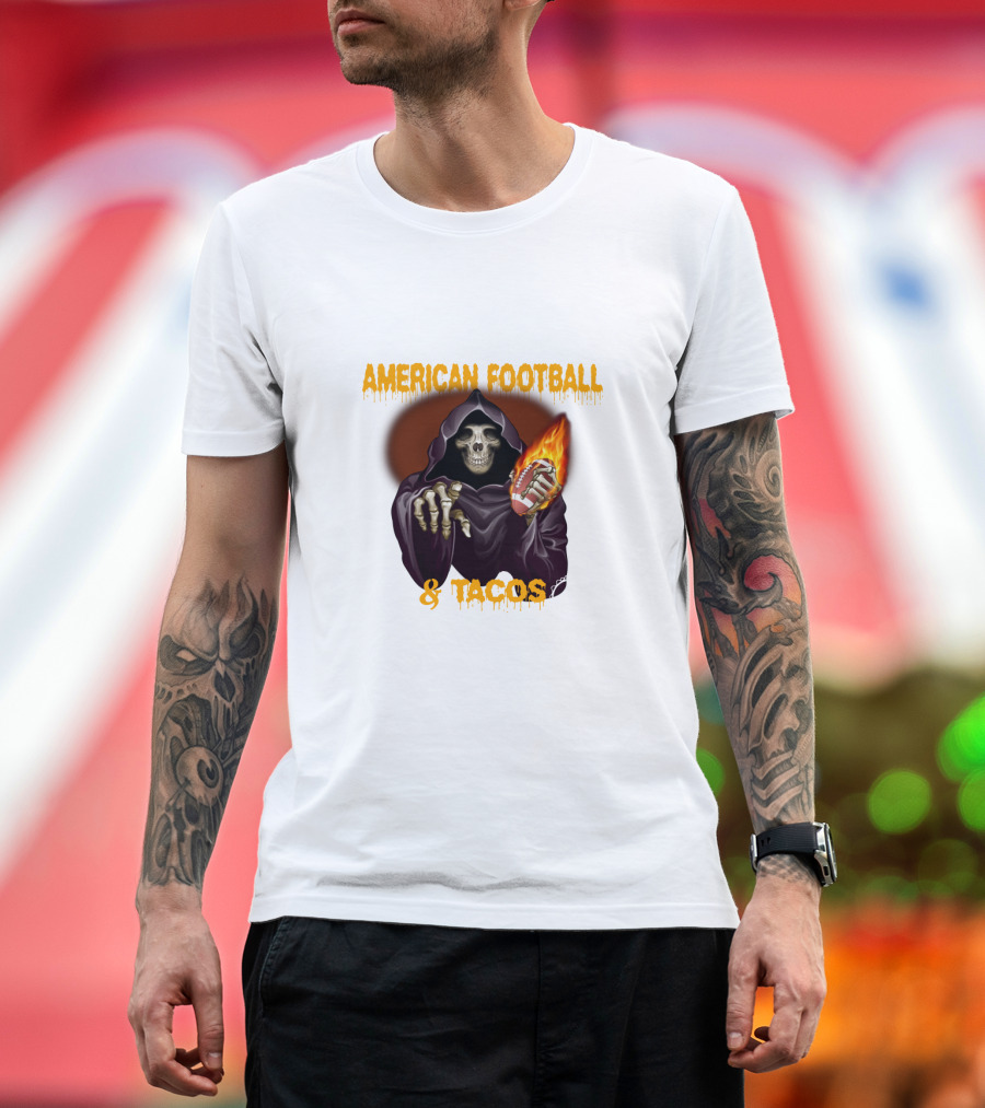 American Football and Tacos Skeleton Holding Flaming Football T-Shirt