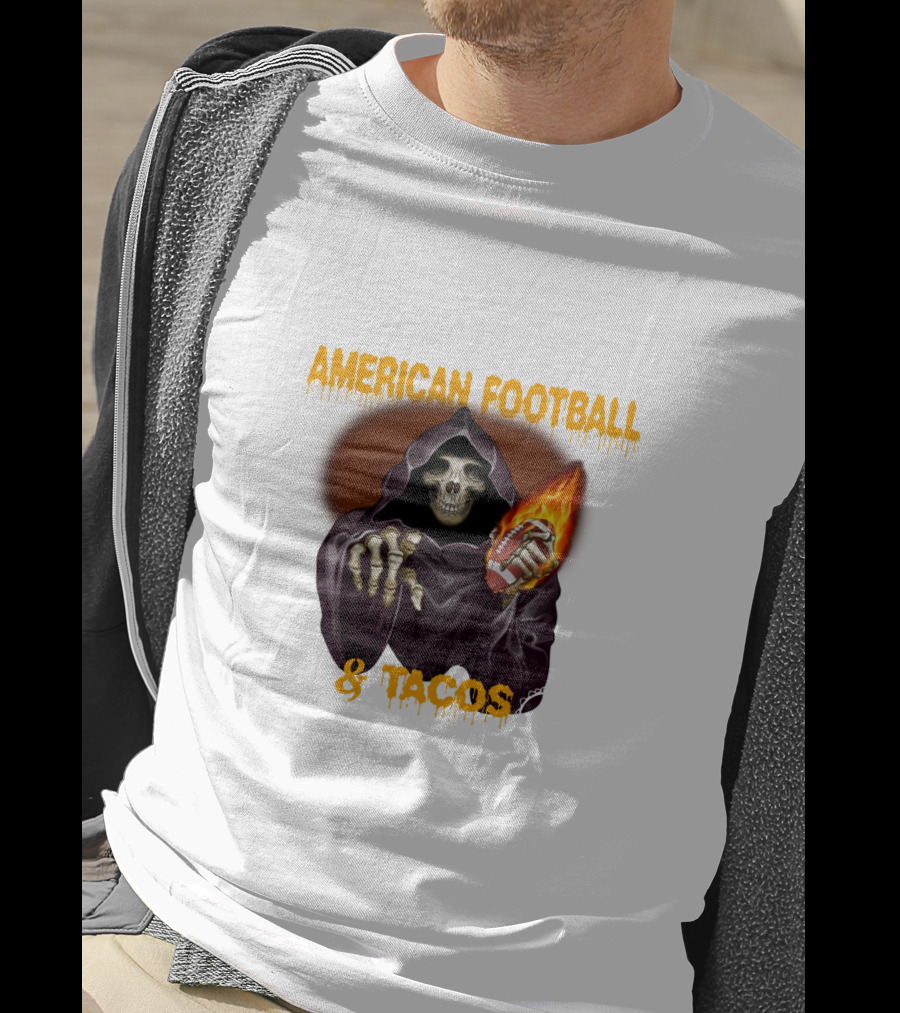 American Football And Tacos Skeleton Holding Flaming Football T-Shirt
