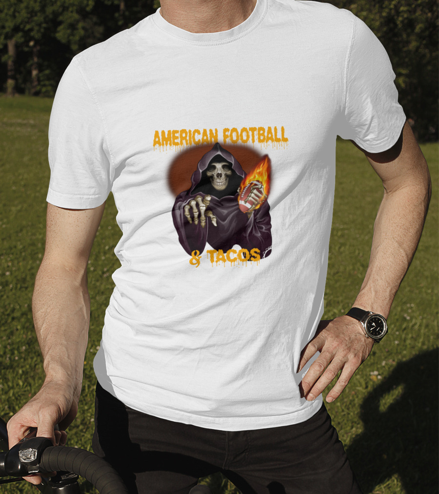 American Football And Tacos Skeleton Holding Flaming Football T-Shirt