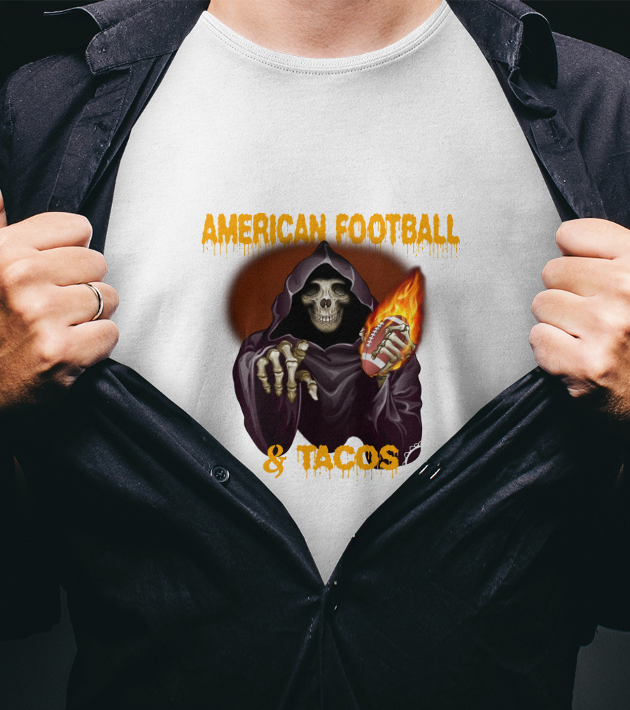 American Football And Tacos Skeleton Holding Flaming Football T-Shirt