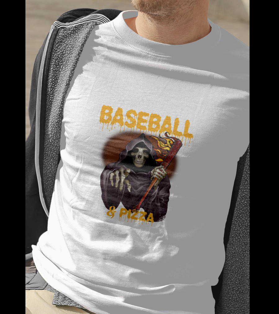 Grim Reaper With Flaming Baseball Bat Celebrates Baseball And Pizza T-Shirt