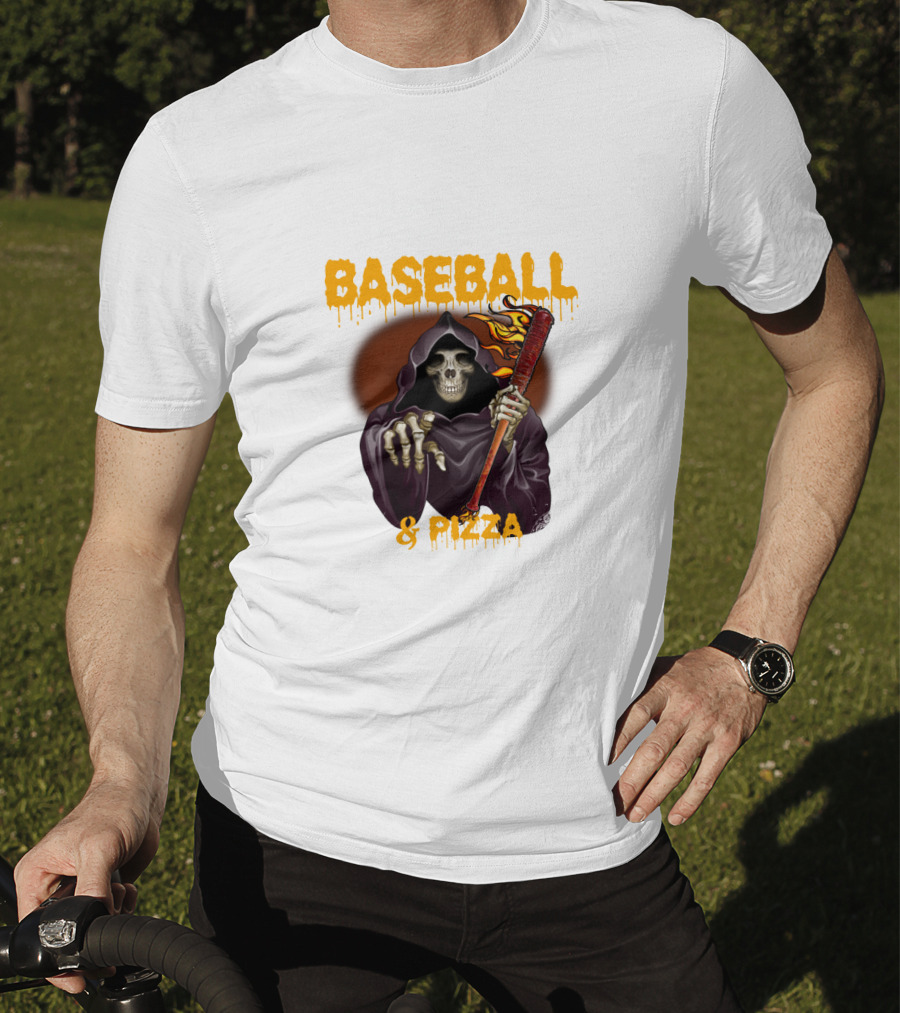 Grim Reaper With Flaming Baseball Bat Celebrates Baseball And Pizza T-Shirt