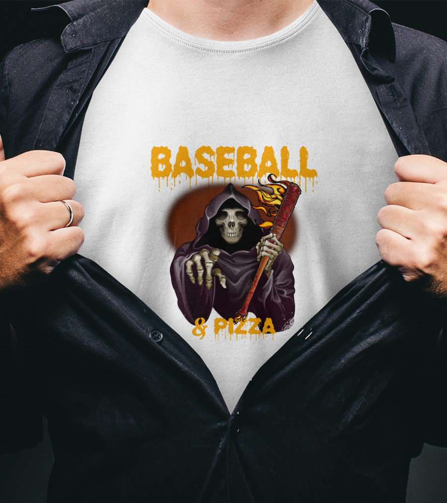 Grim Reaper With Flaming Baseball Bat Celebrates Baseball And Pizza T-Shirt