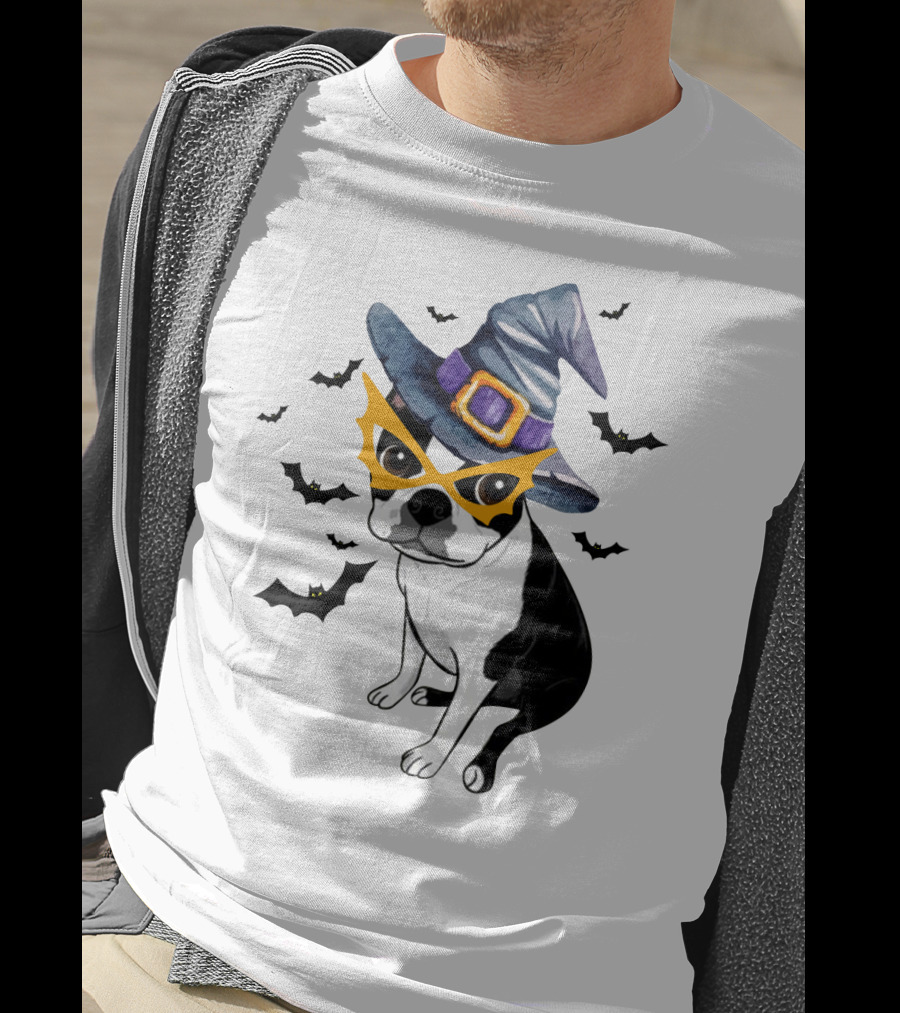 Boston Terrier Wears Witch Hat And Mask With Bats T-Shirt