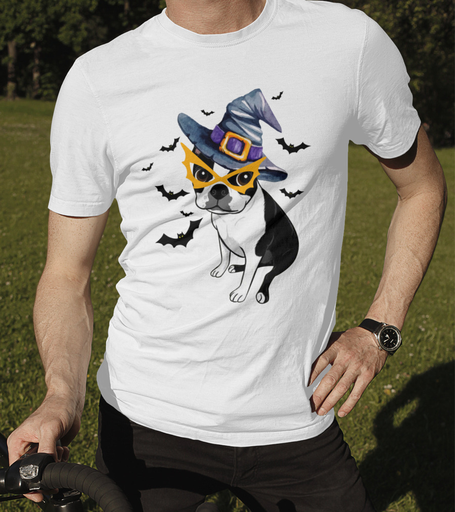 Boston Terrier Wears Witch Hat And Mask With Bats T-Shirt