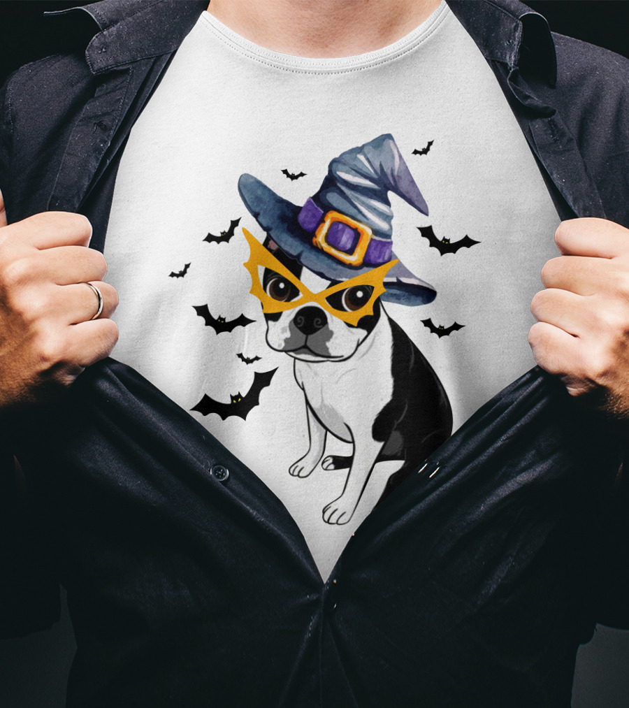 Boston Terrier Wears Witch Hat And Mask With Bats T-Shirt