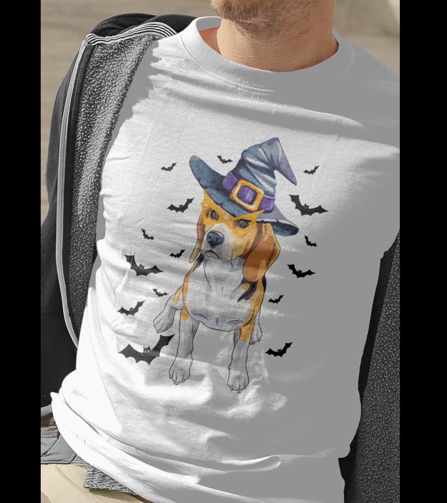 Beagle Wears Halloween Witch Hat Surrounded By Flying Bats T-Shirt