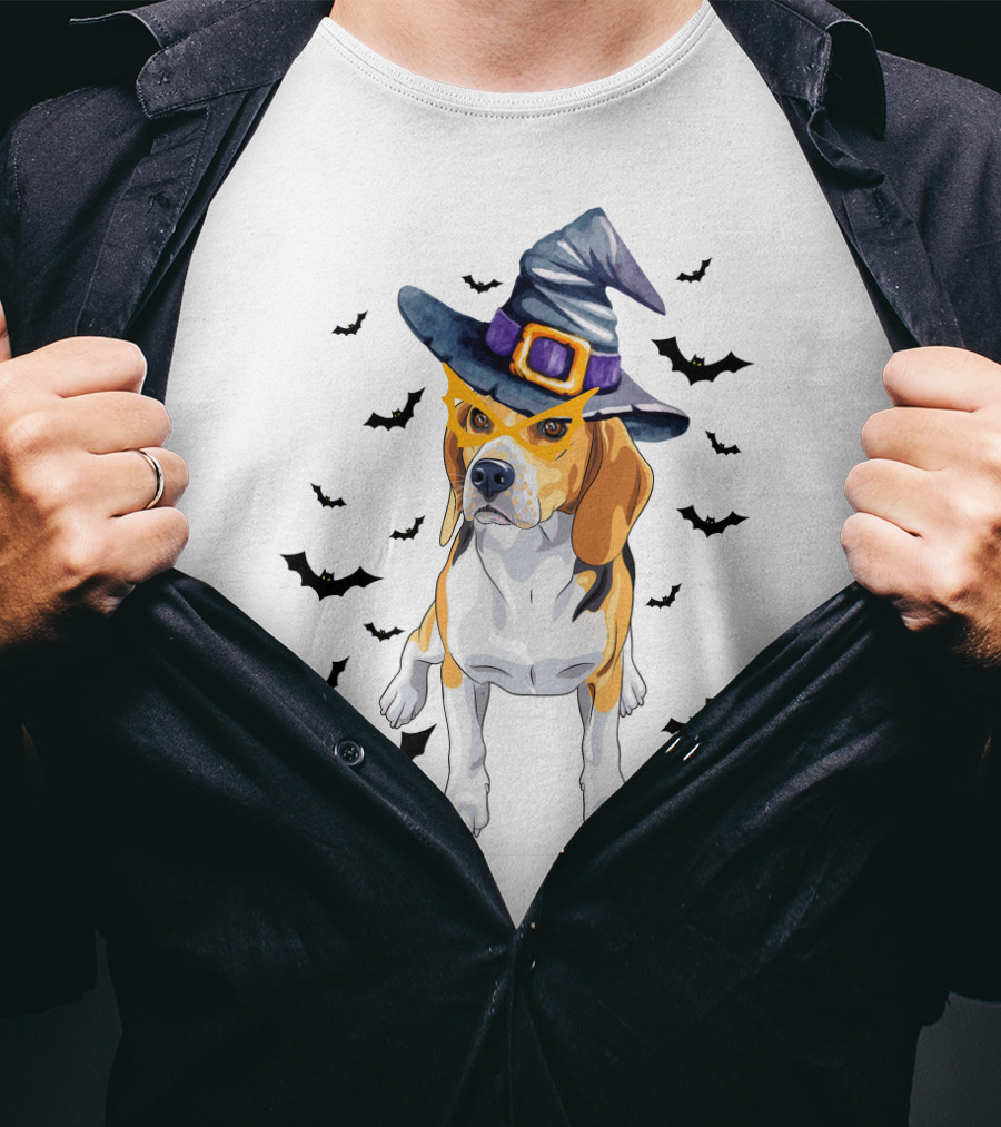 Beagle Wears Halloween Witch Hat Surrounded By Flying Bats T-Shirt