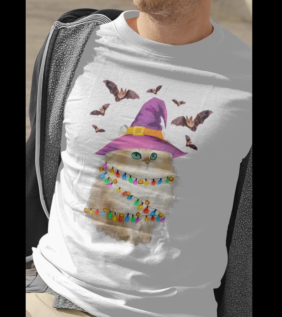 Fluffy Cat In Witch Hat With Halloween Bats And Colorful Christmas Lights T-Shirt