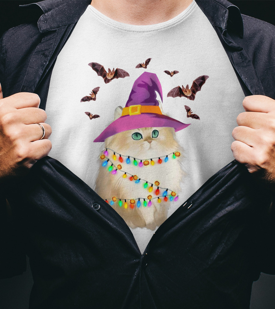 Fluffy Cat In Witch Hat With Halloween Bats And Colorful Christmas Lights T-Shirt