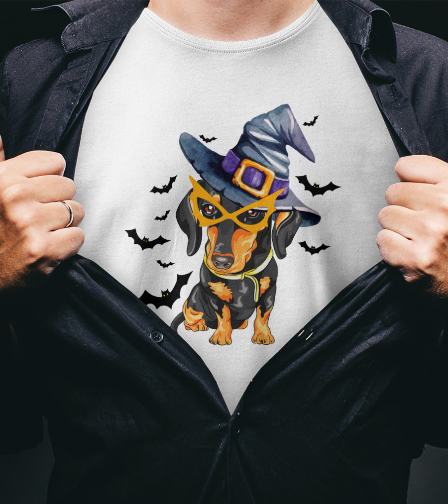Dachshund Wears Witch Hat And Glasses Surrounded By Bats T-Shirt
