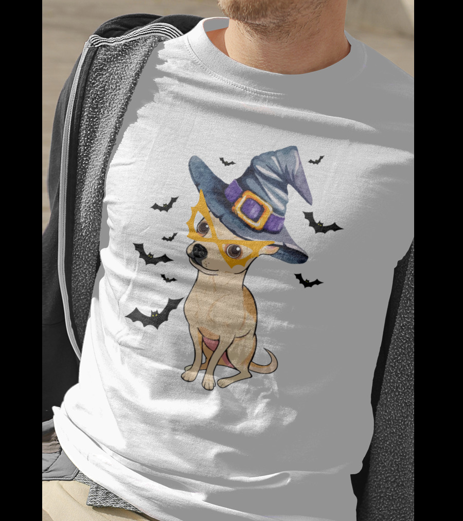 Chihuahua In Witch Hat With Halloween Bats T-Shirt