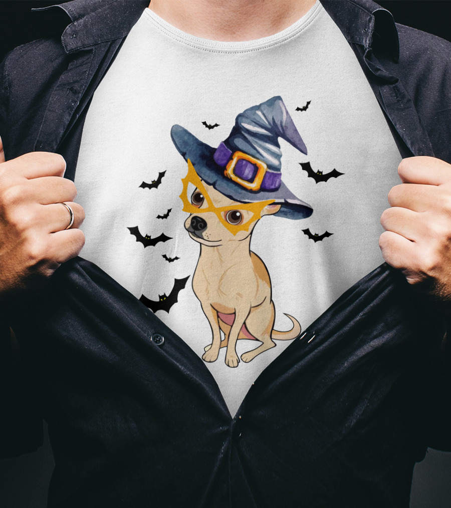 Chihuahua In Witch Hat With Halloween Bats T-Shirt