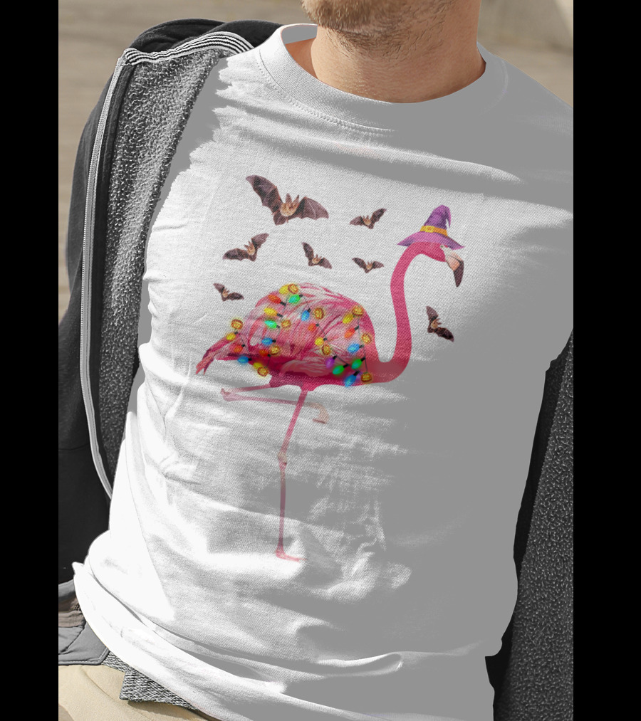Flamingo In Witch Hat With Halloween Bats And Colorful Lights T-Shirt