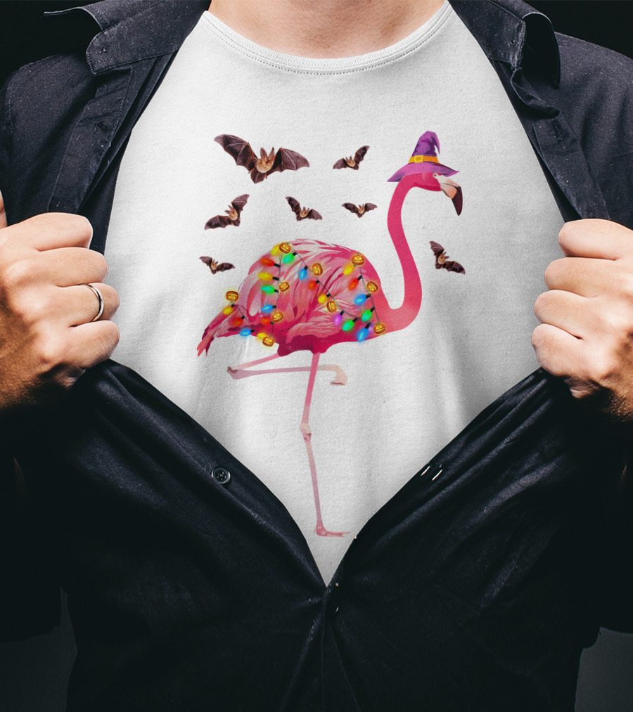 Flamingo In Witch Hat With Halloween Bats And Colorful Lights T-Shirt