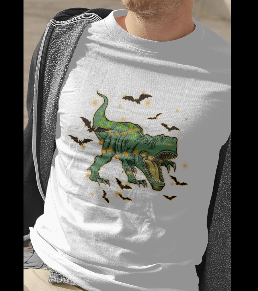 Halloween Saurus Dinosaur With Pumpkin Lights And Flying Bats T-Shirt