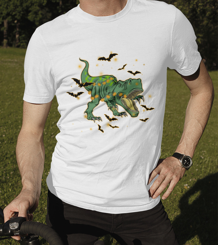 Halloween Saurus Dinosaur With Pumpkin Lights And Flying Bats T-Shirt
