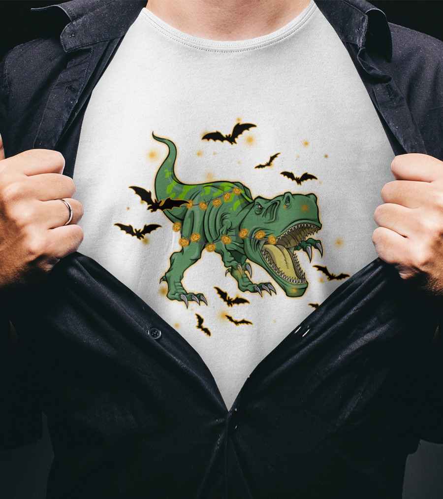 Halloween Saurus Dinosaur With Pumpkin Lights And Flying Bats T-Shirt