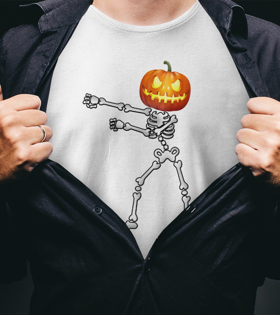 Dabbing Skeleton Pumpkin Head Halloween Dance T-Shirt